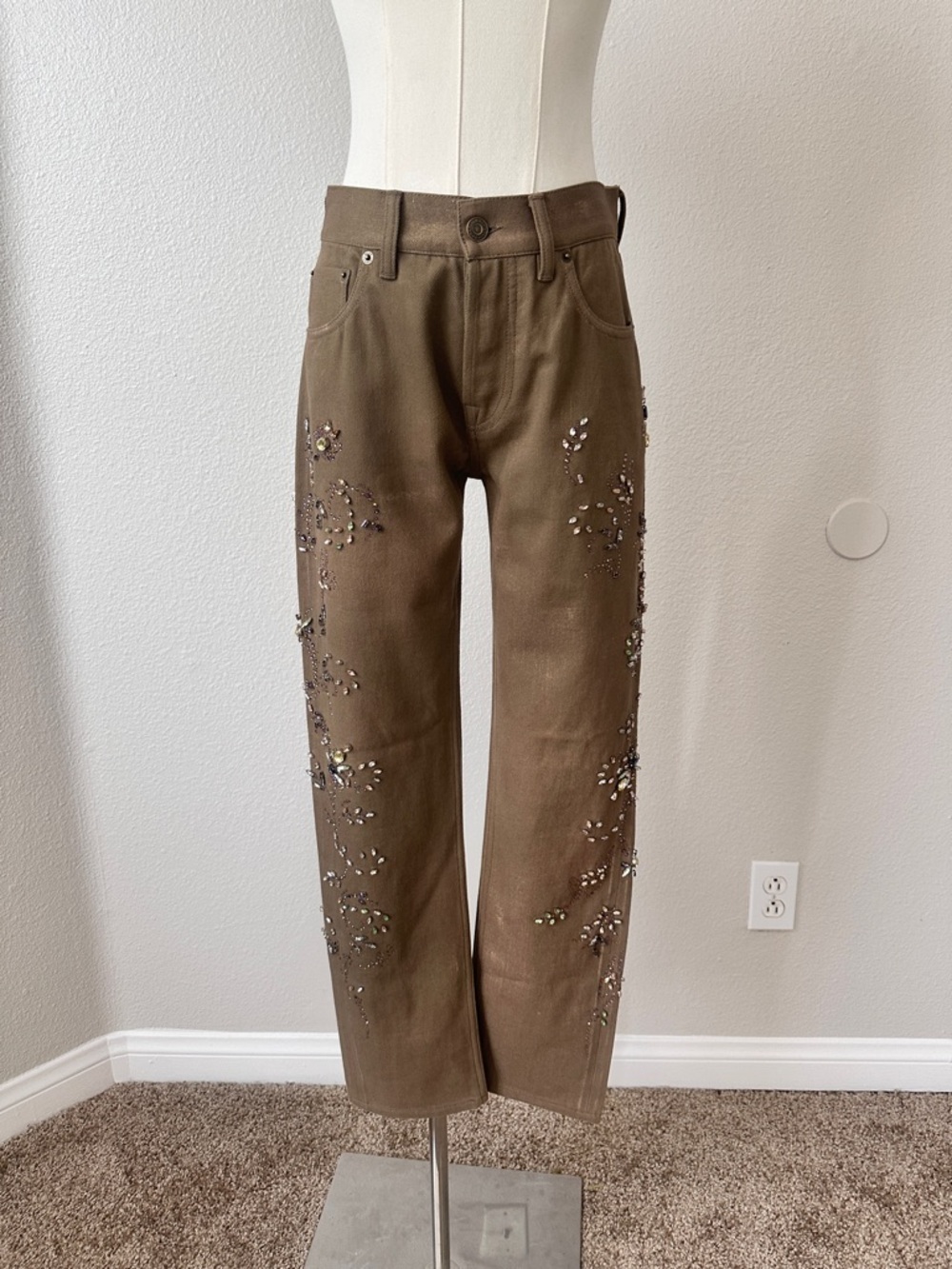 Ralph Lauren Purple Label Olive Brown Straight-Leg Jeans with Embellishment